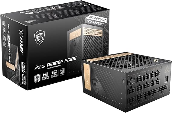 MSI MEG Ai1300 PCIE5 ATX 3.0 Power Supply, 1300W Power, 80 PLUS Platinum Certified, Fully Modular,Dedicated PCIe 5.0 Connector, 120mm Hydro Dynamic Bearing Fan, Sleeved Cables, Black | 306-7ZP4A18-CE0 Image