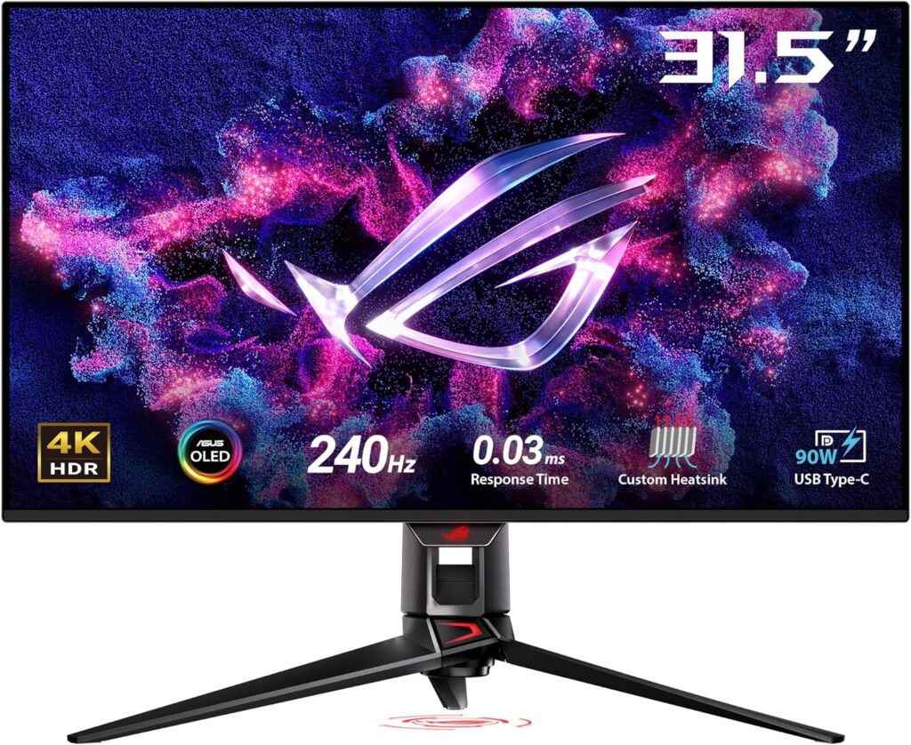 ASUS ROG Swift OLED PG32UCDP Gaming Monitor 32-inch WOLED Panel, Dual mode (4K 240Hz or FHD 480Hz), 0.03ms (GTG), G-SYNC Compatibility, Custom heatsink, ASUS OLED Care, AI Assistant, VESA Display HDR 400 True, 3 Year Warranty, Black Image