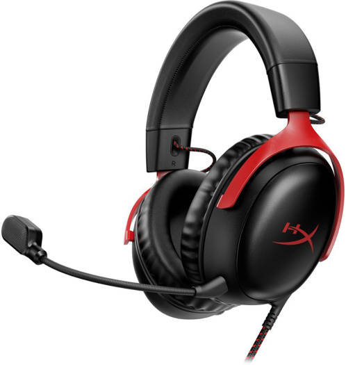 HyperX Cloud III Wired Gaming Headset, For PC / PS5 / PS4 / Xbox Series, Angled 53mm Drivers, Noise Cancelling, With LED Mic Mute Indicator, 10Hz-21kHz Frequency Response, Black/Red Image