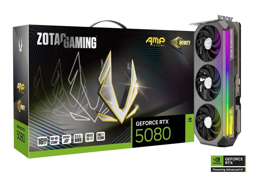 ZOTAC GAMING GeForce RTX 5080 AMP Extreme INFINITY Graphic card, 16GB GDDR7, 30 Gbps 256-bit, 10752 CUDA cores, 2670 MHz Core Clock, PCI E 5.0 x16, Black Image